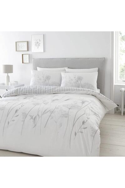 Catherine Lansfield Meadowsweet Floral Reversible Single Duvet Cover Set with Pillowcase White