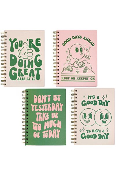 Generic A5 Spiral Notebooks, Retro Cute Hardboard Cover, Pack of 4 (15×21 cm), Pink & Green