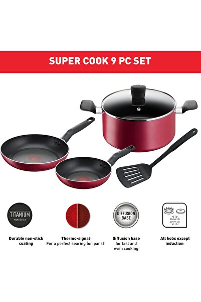 TEFAL Super Cook 5-Piece Cookware Set (20/24 cm frypans, 24 cm stewpot + lid, slotted spatula)