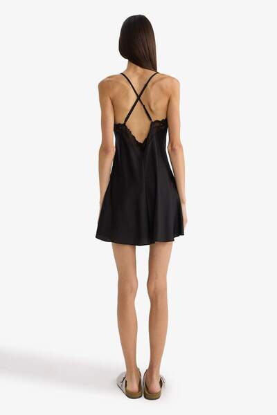 DeFacto Regular Fit V Neck Lace Detailed Satin Strap Nightgown-Fall in Love G1543Ax25Wn