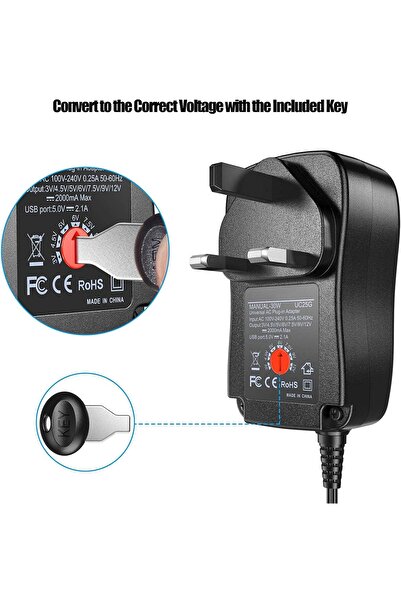 KASTWAVE 30W Reverse Polarity Universal AC Adapter, 3–12V, 2A, 9 Adapter Tips