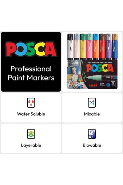 Uni Posca PC-1M Colored Marker Set, 0.7mm Bullet Tip, 16 Colors