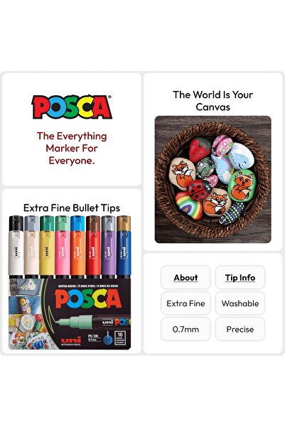 Uni Posca PC-1M Colored Marker Set, 0.7mm Bullet Tip, 16 Colors