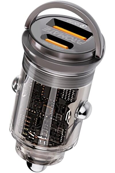 Promate TransDrive-65W Transparent 65W Car Charger (USB-C PD & QC 3.0 USB-A)