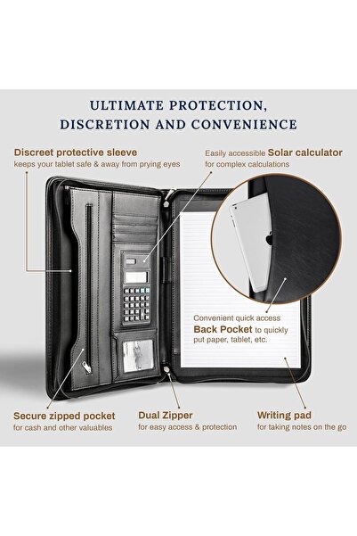 Generic COSSINI Vegan Leather Zipper Business Portfolio — 10.1" Tablet Organizer with Solar Calculator