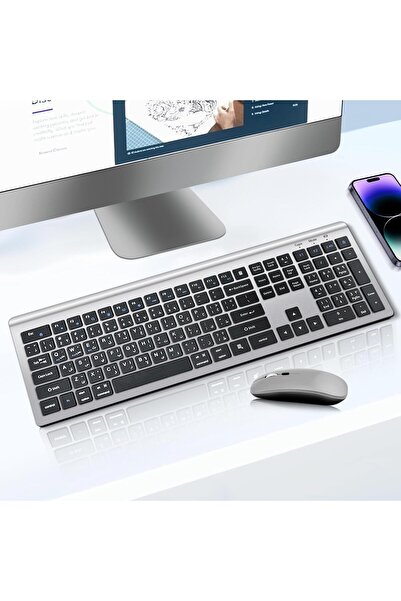 Aookay Arabic/English Wireless Keyboard and Mouse - 2.4G Bluetooth Rechargeable Full-Size Silent Combo with