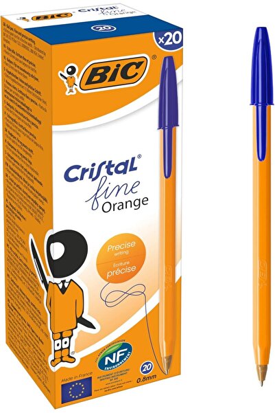 Bic Cristal Orange Ballpoint Pens - Fine 0.8 mm, Blue Ink, Pack of 20