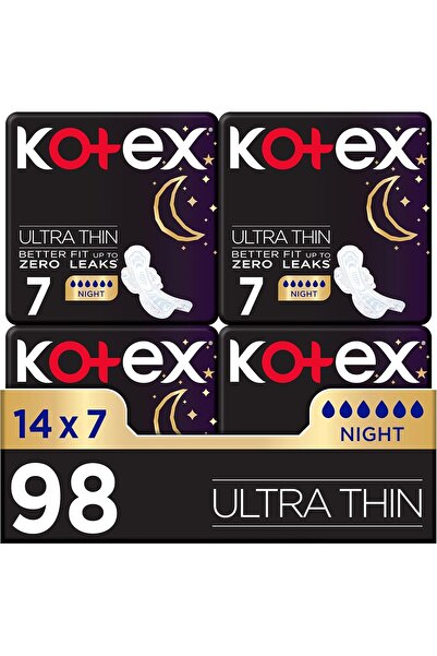Kotex فوط صحية ليلية رفيعة للغاية بأجنحة (عبوة من 7 قطع × 14 قطعة) 98 فوطة صحية