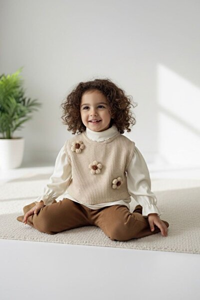 Minigimin Cicileri My Little One's Daisy Detailed Velvet Pants Set for Girls - Brown