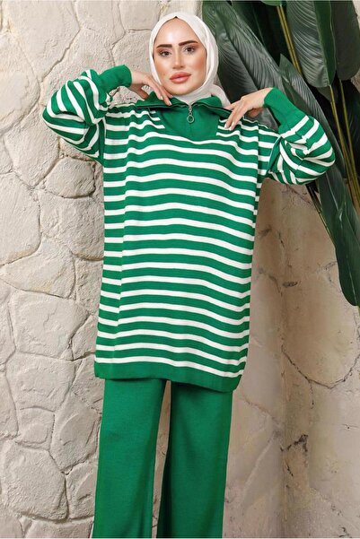 TRENDTESETTÜR Women's Green Striped Knit Tunic t 2208-1