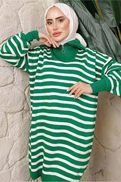 TRENDTESETTÜR Women's Green Striped Knit Tunic t 2208-1