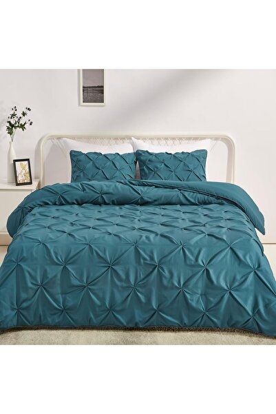 Amazon basics طقم لحاف بديل مطوي من الريش - مقاس كامل/كوين، أزرق مخضر داكن