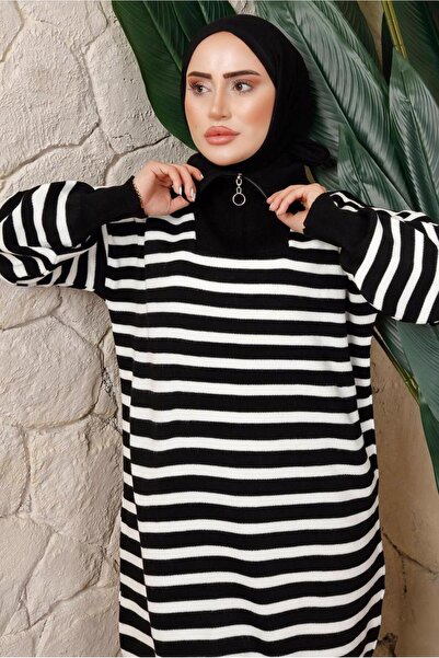 TRENDTESETTÜR Women's Black Striped Knit Tunic t 2208-1