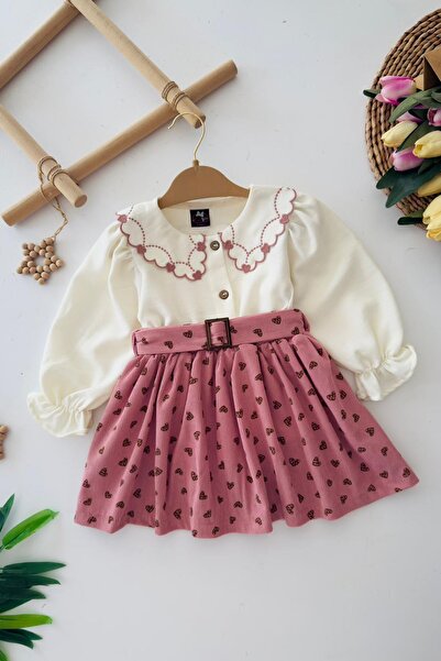 Minigimin Cicileri My Little One's Velvet Heart Patterned Collar Detailed Girls' 2-Piece Set - Dusty Rose