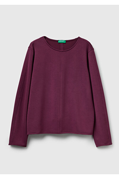 United Colors of Benetton Women's Plum Modal Blend Label Detailed Crew Neck Sweatshirt