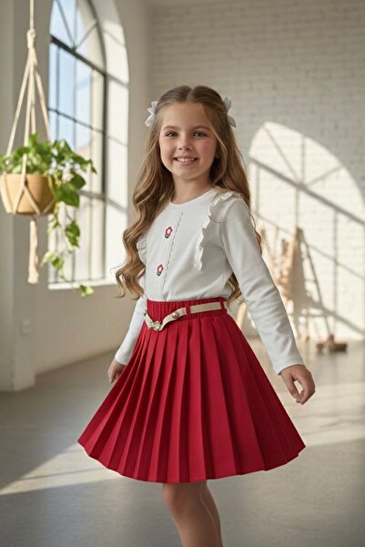 Minigimin Cicileri My Little Girl's Daisy Embroidered Belt Detailed Pleated Skirt Girl's Suit - Red