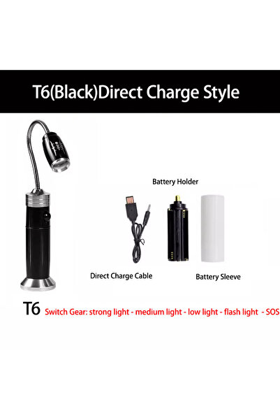 Choice مصباح يدوي LED مباشر بمنفذ USB T6 (أسود) خارجي قابل للتكبير والتصغير، مصباح شواء فائق السطوع قابل للتعديل 360 درجة