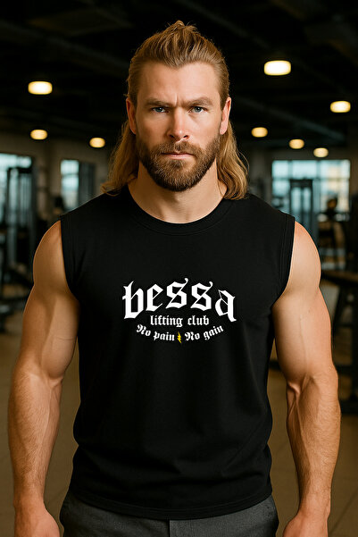 BESSA Black Printed Athlete Tank Top Crew Neck Cotton Sleeveless Lifting Club Men's