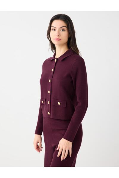 Jimmy Key Bordo Gömlek Yaka Uzun Kollu Düğme Detaylı Triko Hırka