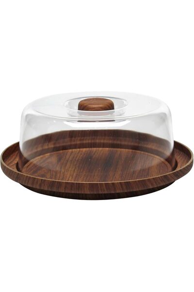 genernic Eveline Cake Stand with Dome Cover - Bamboo Base & Acrylic Dome (23 x 23 x 7 cm)
