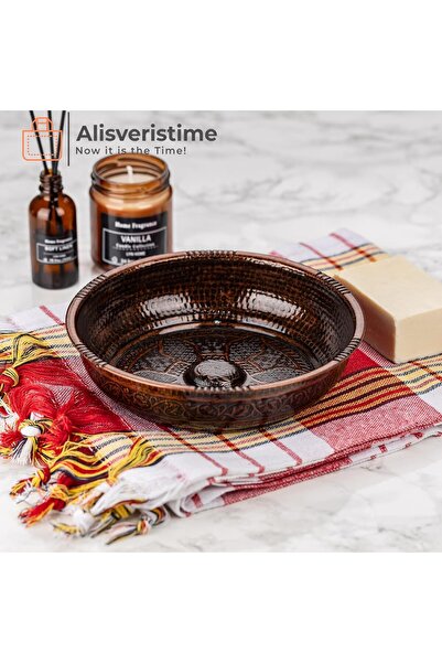 Alisveristime Traditional Turkish Bath Bowl with Original Turkish Ornaments, Zinc, 20 cm, Antique Copper