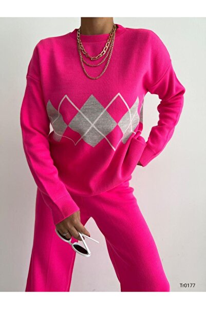 Modafeminen Knitwear Set Tr0177 Fuchia