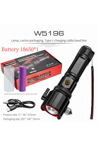 Choice مصباح يدوي LED عالي الطاقة W5196 18650x1 مع شحن USB ومطرقة أمان COB مت...