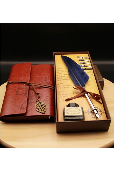 MOBGİFT Hediyelik Taçlı Kuş Tüyü Divit Kalem Ve Özel Tasarım Retro Deri Defter Seti