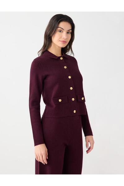 Jimmy Key Bordo Gömlek Yaka Uzun Kollu Düğme Detaylı Triko Hırka