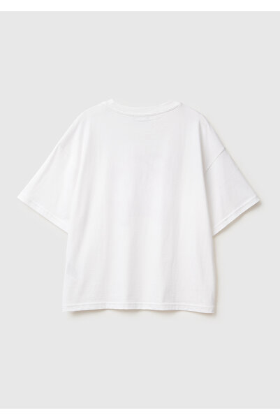 United Colors of Benetton Women's White-Blue Text 100% Cotton Front Text Printed Crew Neck T-Shirt