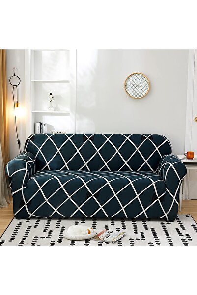 HOUSE OF QUIRK Stretch Universal Sofa Cover, Blue Diamond, Double Seater