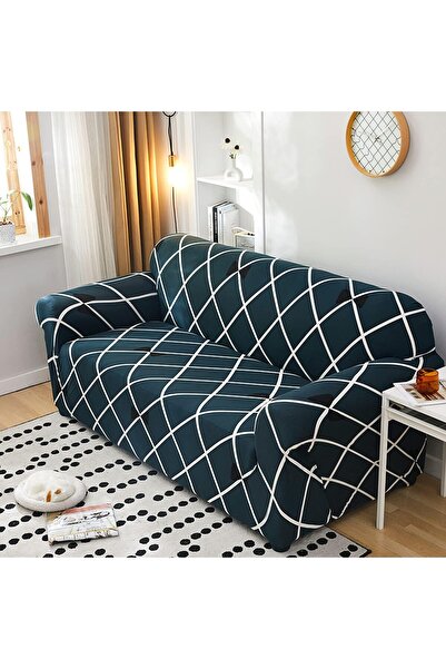 HOUSE OF QUIRK Stretch Universal Sofa Cover, Blue Diamond, Double Seater