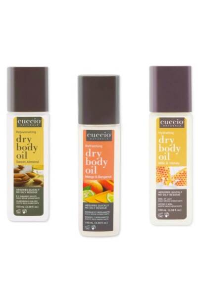 CUCCIO Set uleiuri uscate de corp - 3 x 100 ml (migdale dulci, mango și bergamotă, lapte și miere)