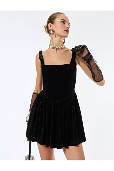 Koton Rochie mini balon din catifea fără mâneci argintie decolteu pătrat