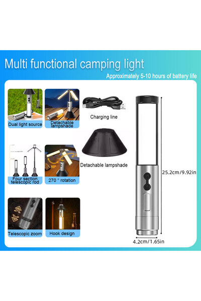 Choice مصباح يدوي LED تلسكوبي محمول قابل لإعادة الشحن YD2324 فضي أسود، كشاف كشاف قابل للطي للاستخدام في الهواء الطلق