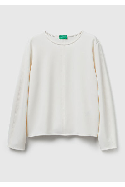 United Colors of Benetton Women's Cream Modal Blend Label Detailed Crew Neck Sweatshirt