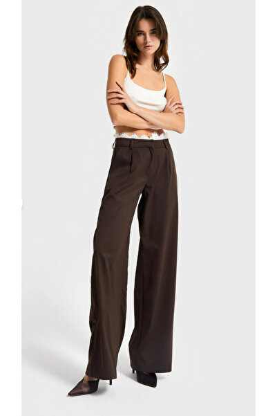 MR.KOKO Kadın Battal Boy Kahverengi Palazzo Fit Kemeri Dantel Detaylı Tasarım...