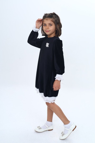 Toontoy Girl's Velvet Ruffle Detailed Dress