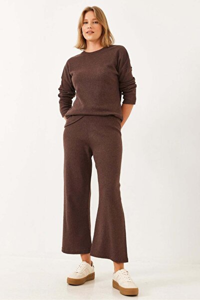 Asil Modest Crew Neck Basic Top and Bottom Cotton Knitted Set