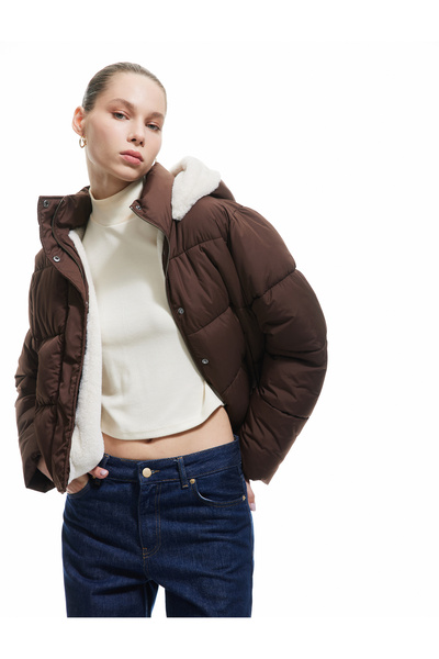 Koton Hooded Inflatable Jacket with Zippered Plush Interior and Snap Button Pockets