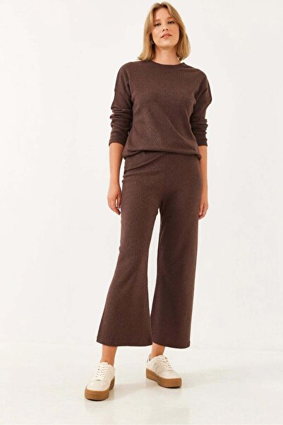 Asil Modest Crew Neck Basic Top and Bottom Cotton Knitted Set