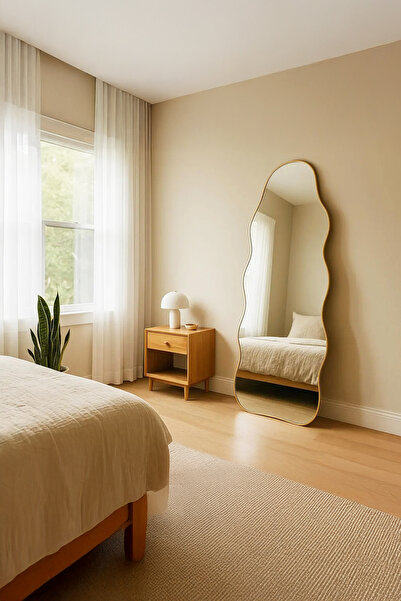 Fawdecor Premium Şık Asimetrik Ahşap Çerçeveli Boy Aynası - Modern İskandinav...