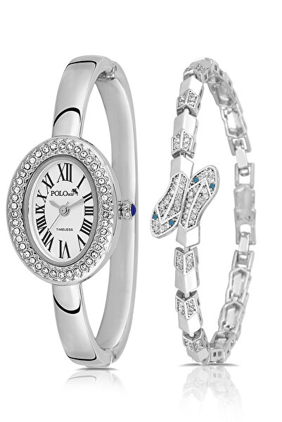 Polo Air ساعة يد نسائية بأرقام رومانية مع مشبك وسوار على شكل ثعبان، لون فضي P...