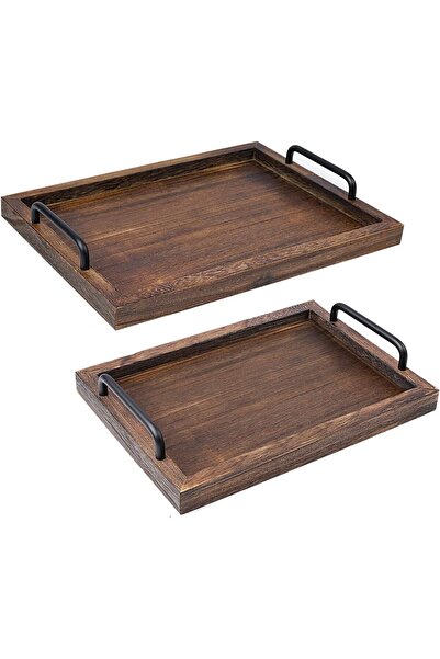 Generic LIBWYS Rustic Wooden Serving Trays with Handles, Set of 2 (15.8×11.8 in & 13.4×9.4 in), Brown