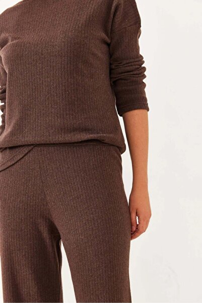 Asil Modest Crew Neck Basic Top and Bottom Cotton Knitted Set