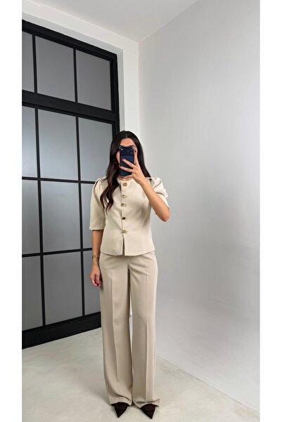 Gaus Stone Gold Buttoned Balloon Sleeve Jacket Elastic Waist Trousers Fabric Set Gaus-00748