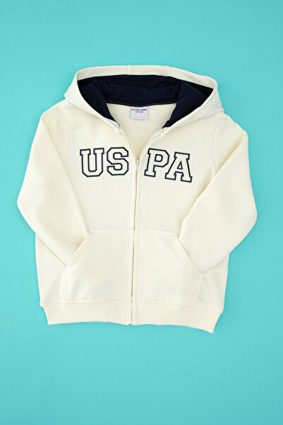 U.S. Polo Assn. Boy's Cream Zippered Hooded Sweatshirt 50313844-Vr256