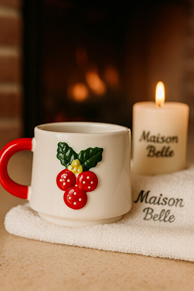 Yerel Üretici Maison Belle Kokina Detaylı Kırmızı Kulplu Seramik Fincan – 200...