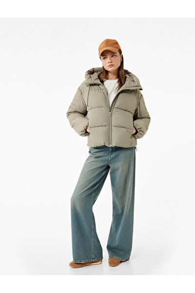 Koton Άνετο παλτό με φερμουάρ με κουκούλα καπιτονέ ψηλός λαιμός φουσκωτό παλτό