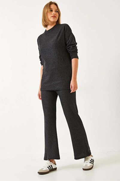 Asil Modest Crew Neck Basic Top and Bottom Cotton Knitted Set
